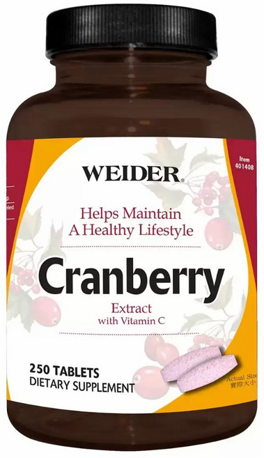 WEIDER 威德 蔓越莓錠 含維生素C 膳食補充劑, 250顆, 1罐