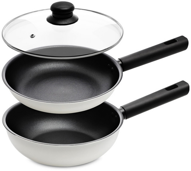 시샘 인덕션 혼쿡 팬 세트 3개, 크림 화이트, 프라이팬 + 웍 + 뚜껑, 1세트