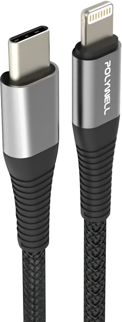 POLYWELL 寶利威爾 Type-C Lightning 蘋果PD快充編織線 iPhone PW15-W45-A285, 1m, 灰色, 1條