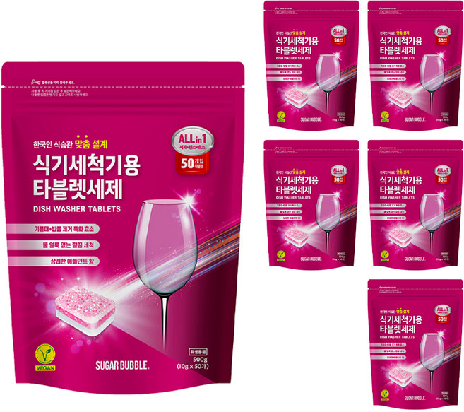 슈가버블 식기세척기용 타블렛 세제 애플민트향 50개입, 500g, 6개