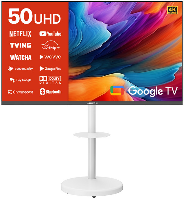 와이드뷰 4K UHD 구글 3 스마트TV + 화이트 이동식 스탠드 세트, 127cm(50인치), 티비(WGE50UT1), 스탠드(EKWBYME50W), 스탠드형, 고객직접설치