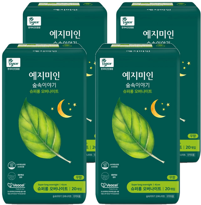 예지미인 숲속이야기 비오셀 슈퍼롱 오버나이트 생리대 날개형, 패드형, 20개입, 4개