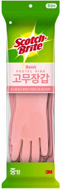 스카치브라이트 베이직 고무장갑 5p, 파스텔핑크, 중(M), 1세트