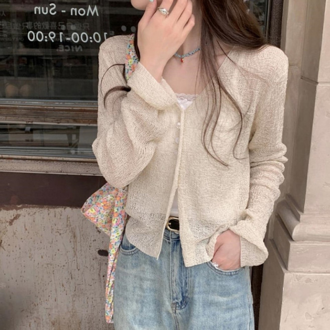 I'M MONG 女款透膚基本款長袖開襟衫