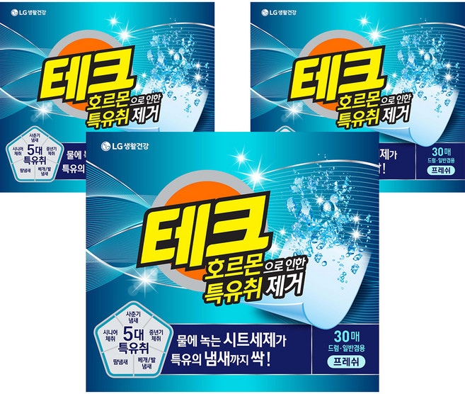 테크 호르몬으로 인한 특유취 제거 프레쉬 시트세제, 30매, 3개