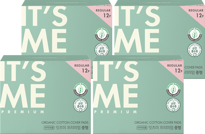 잇츠미 프리미엄 유기농 순면커버 생리대 날개형, 중형, 12개입, 4개