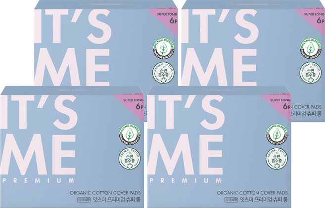 잇츠미 프리미엄 유기농 순면커버 생리대 슈퍼롱 날개형, 오버나이트 이상, 6개입, 4개