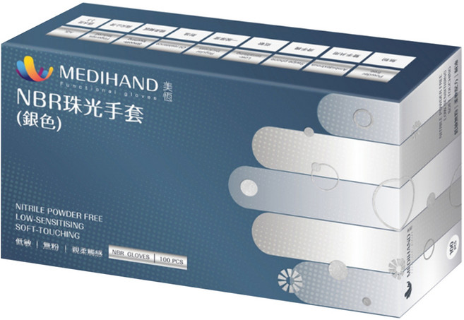 MEDIHAND 美恆 NBR珠光手套 100個, M, 珠光銀, 1盒