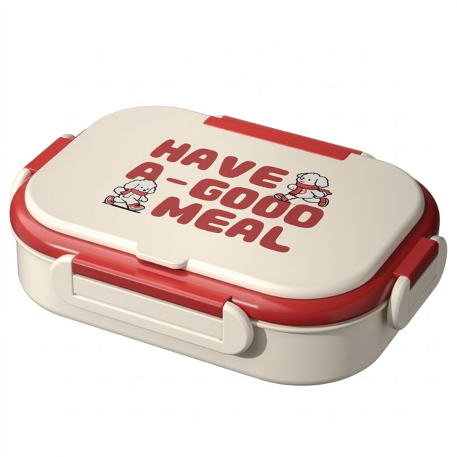 日系316不鏽鋼保溫2格便當盒 動物款 附餐具 + 保溫袋, 1套, 紅狗 米色 + 紅色