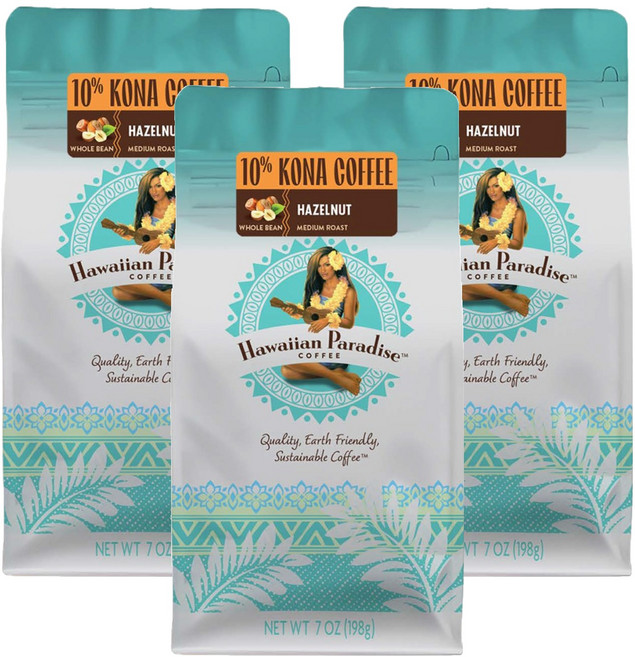 하와이안파라다이스커피 코나 헤이즐넛 향 홀빈 커피, 198g, 3개, 홀빈(분쇄안함)