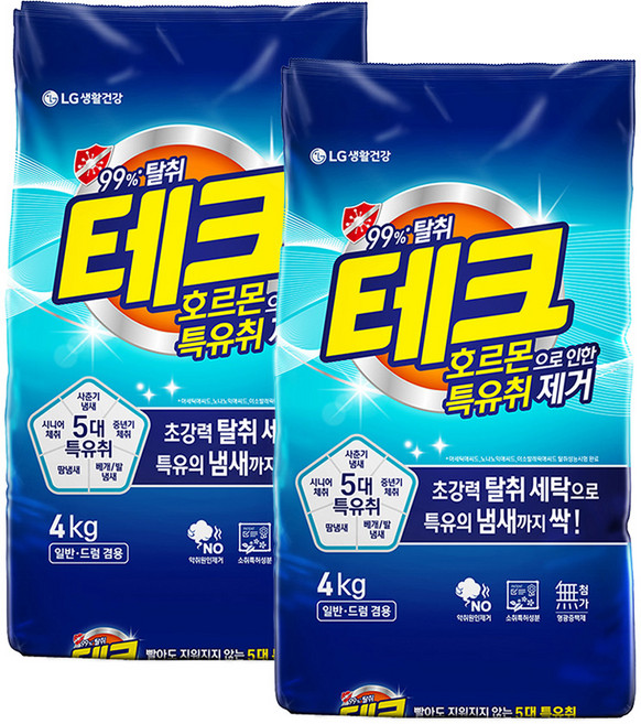 테크 호르몬으로 인한 특유취 제거 분말세제 리필, 4kg, 2개