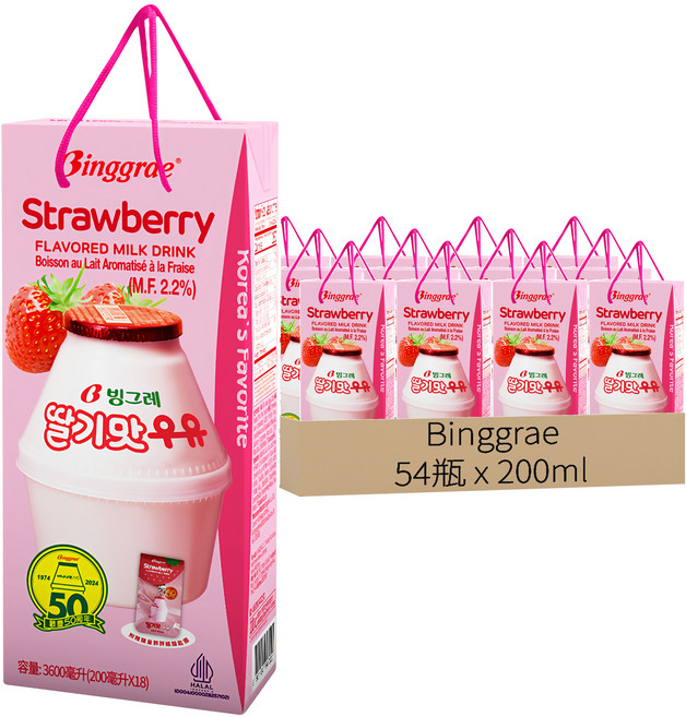 Binggrae 草莓牛奶禮盒, 54瓶, 200ml