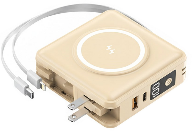 萬國充 磁吸自帶線支架行動電源 15000mAh 自帶AC插頭 無線充電 內建Type-C和Lightning充電線, F11, 奶茶棕