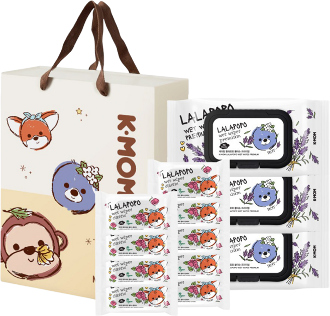 MOTHER-K K-MOM LALAPOPO 花萃濕紙巾禮盒 大馬士革玫瑰絲柔濕紙巾 20抽 9包 + 薰衣草奢厚濕紙巾 70抽 3包, 1組, 390張