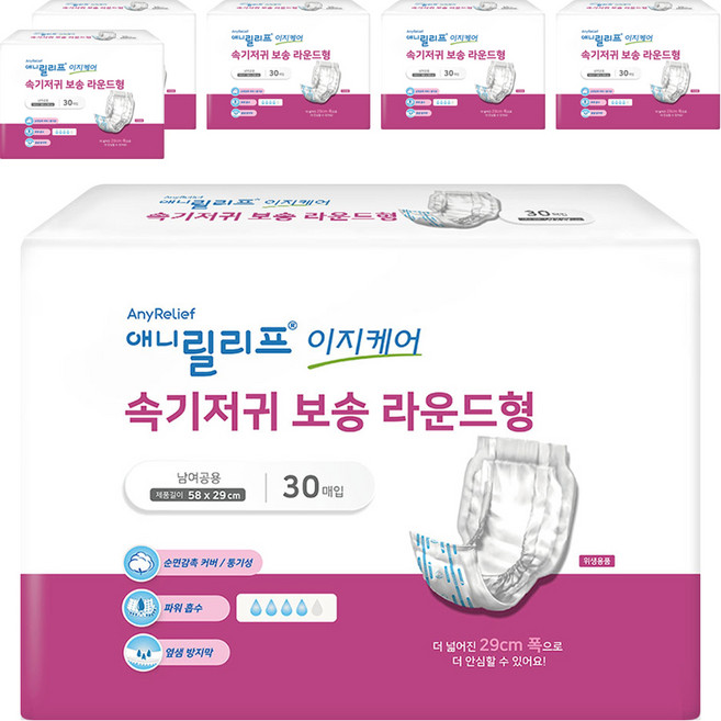 애니릴리프 남녀공용 이지케어 보송 라운드형 패드형 성인기저귀, 30매입, 6개