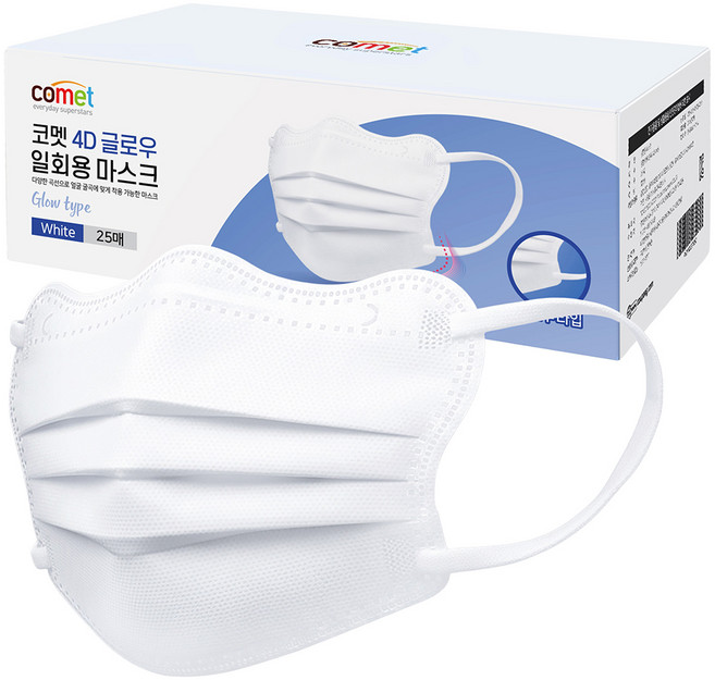 코멧 날카롭고 각진 얼굴형을 보완 해주는 4D 글로우 일회용 마스크 개별포장 중형, 1개입, 25개, 화이트