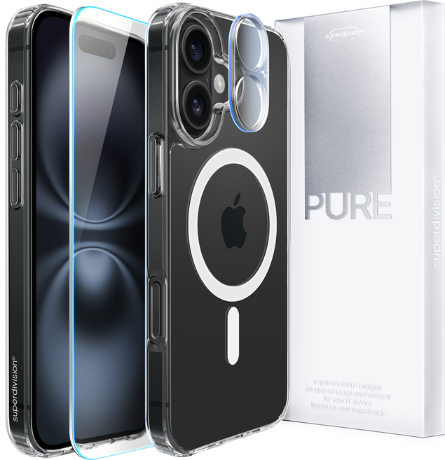 슈퍼디비전 퓨어 맥세이프 휴대폰 케이스 + 전면 풀커버 강화유리 + 카메라 강화유리 세트