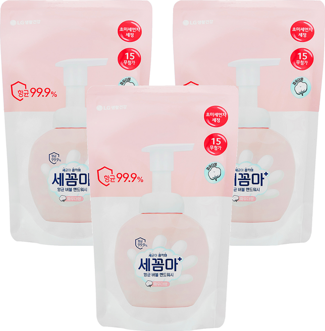 세균아꼼짝마 항균 버블 핸드워시 파우더향 리필, 200ml, 3개