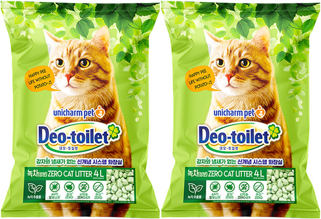 유니참데오토일렛 비응고형 감자 없는 Zero 고양이 모래, 4L, 2개, 녹차향