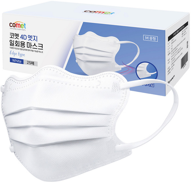 코멧 둥근 얼굴형을 보완 해주는 4D 엣지 일회용 마스크 개별포장 중형, 25개입, 1개, 화이트