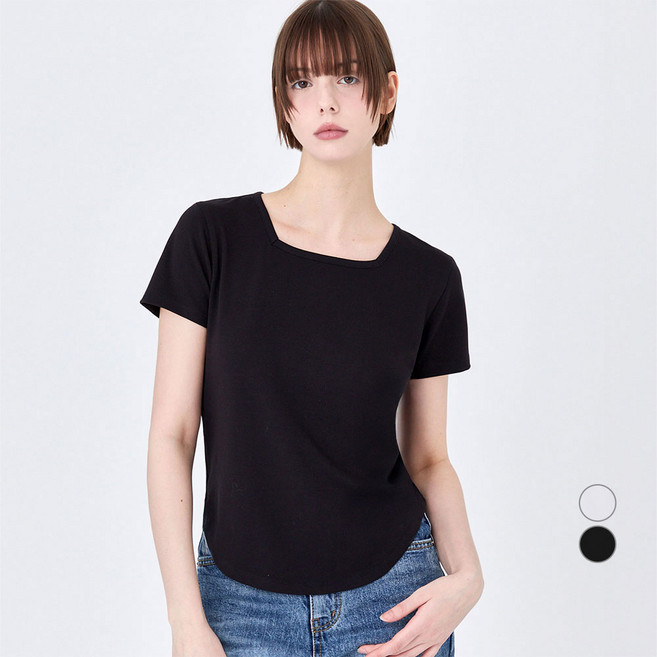 ELLE PARIS 여성용 밑단 커브 스퀘어넥 반팔 티셔츠
