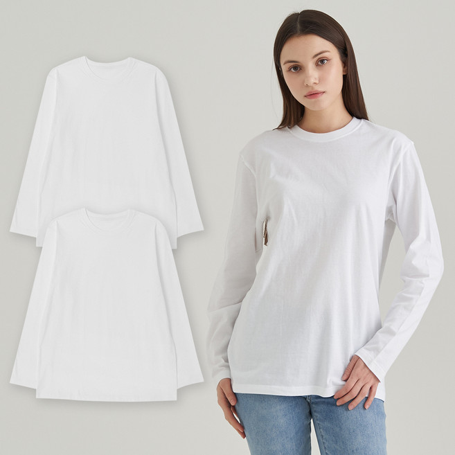 베이스알파 에센셜 남녀공용 통기성 순면 라운드넥 긴팔 티셔츠 2p