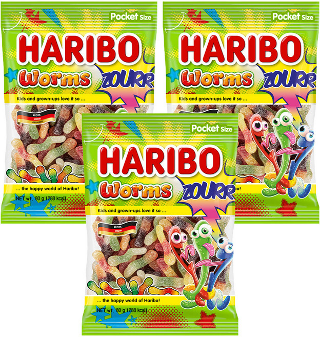 하리보 웜즈 사우어 젤리, 80g, 3개
