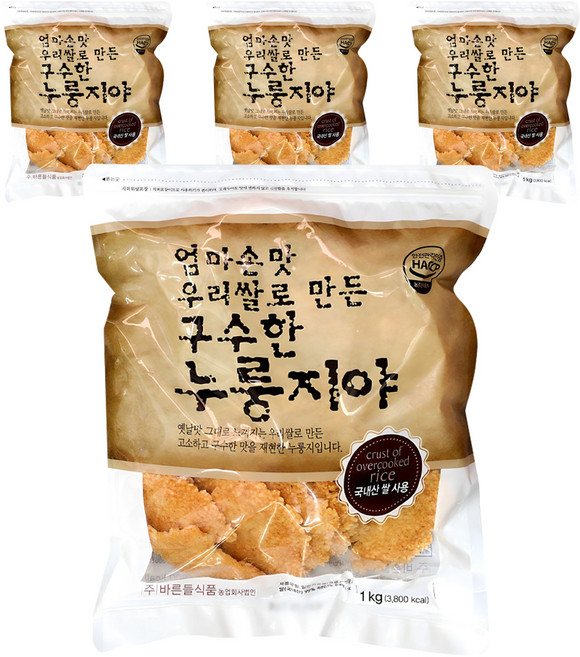 바른들식품 엄마손맛 우리쌀로 만든 구수한 누룽지야, 1kg, 4개