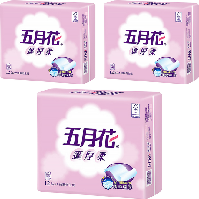 五月花 蓬厚柔頂級抽取衛生紙 100張, 12包, 3袋