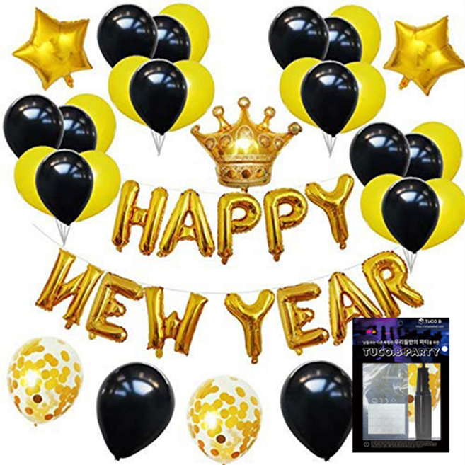 투코비 새해 장식 풍선 + 손펌프 + 고정테이프 세트, 해피뉴이어 왕관파티 골드, 1세트
