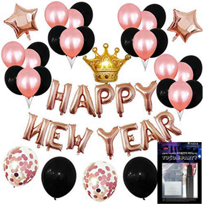 투코비 새해 장식 풍선 + 손펌프 + 고정테이프 세트, 해피뉴이어 왕관파티 로즈골드, 1세트