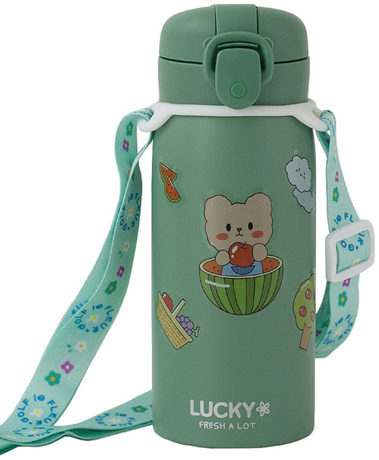 프레쉬어랏 럭키 원터치 보온보냉 텀블러 + 스티커 + 스트랩 세트, 그린, 350ml, 1세트