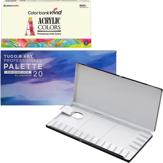 투코비 프리미엄 알루미늄 미술용 팔레트 + 종이나라 비비드컬러 아크릴 물감 13종 x 7.5ml 세트, 1세트, 20칸
