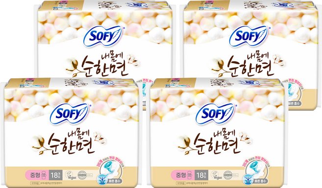 쏘피 내몸에순한면 생리대 날개형, 중형, 18개입, 4개