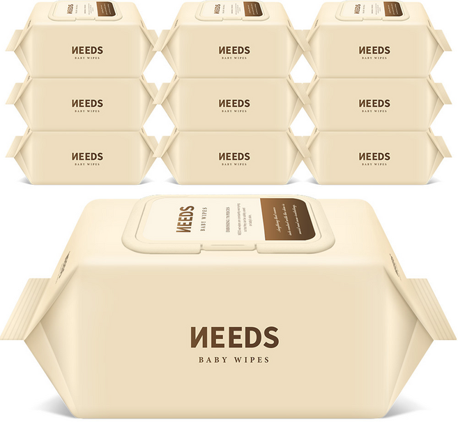 NEEDS 브라운 저자극 도톰 엠보싱 아기물티슈 캡형, 80g, 70매, 10개