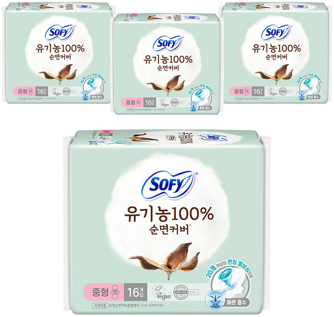 쏘피 유기농 100% 순면커버 생리대 날개형, 중형, 16개입, 4개
