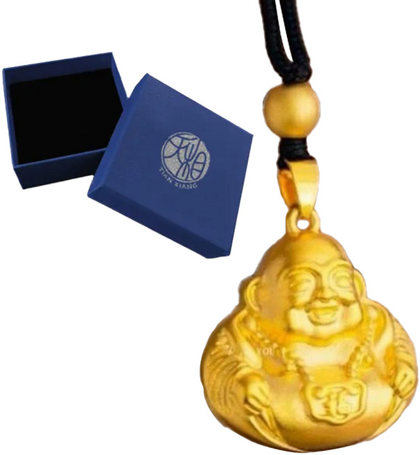 天相 招財開運彌勒佛金鑲玉項鍊 附黑繩 + 禮盒, 1條, 金色