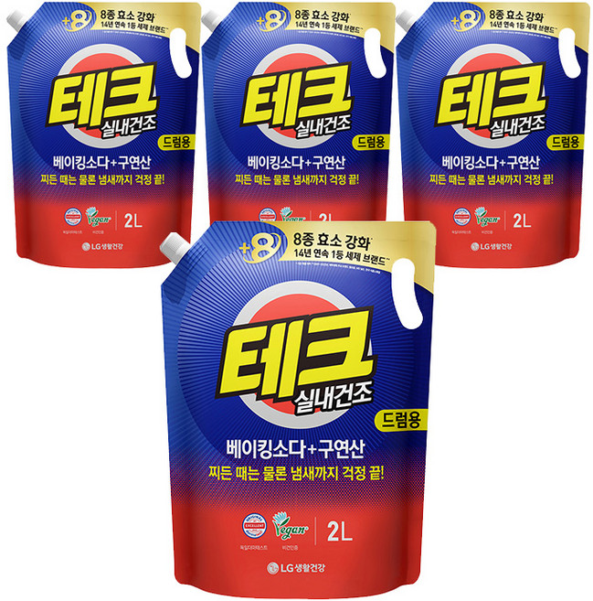 [비건라이프] 테크 베이킹소다 플러스 구연산 실내건조 액체세제 드럼용 리필, 2L, 4개
