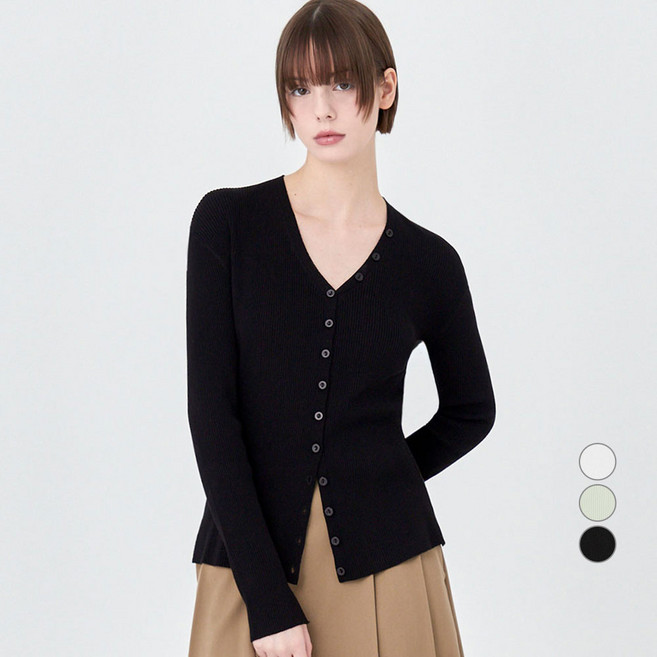 ELLE PARIS 여성용 슬림핏 브이넥 립 버튼 가디건