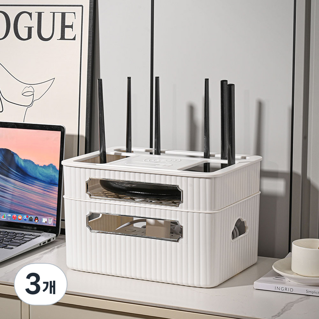 소하임 공유기 셋톱박스 정리함 2단, 화이트, 3개