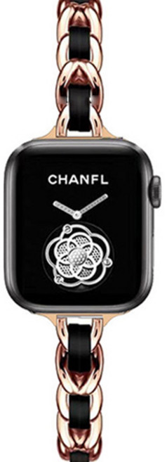 루아러블 애플워치 슬림 가죽 체인 메탈 스트랩, 로즈골드 + 블랙, 1개