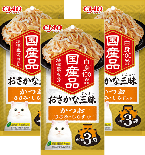 INABA CIAO 啾嚕 豪華魚三昧餐包, 180g, 3袋, 鰹魚 + 雞肉 + 吻仔魚