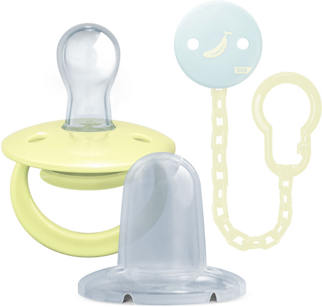 DOS 실리콘 공갈젖꼭지 쪽쪽이 + 보호캡 + 클립 세트, 랜덤발송(쪽쪽이), 블루바나나(클립), 1개