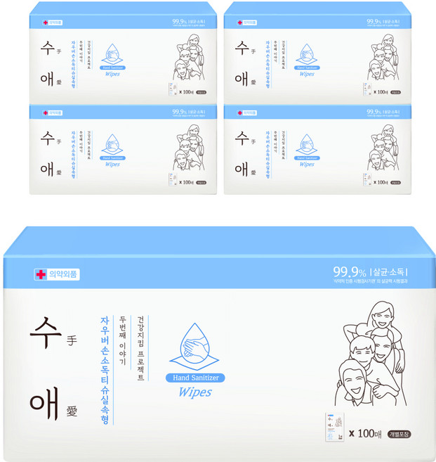 자우버 수애 손소독 티슈 실속형, 5개, 100개입, 4000mg