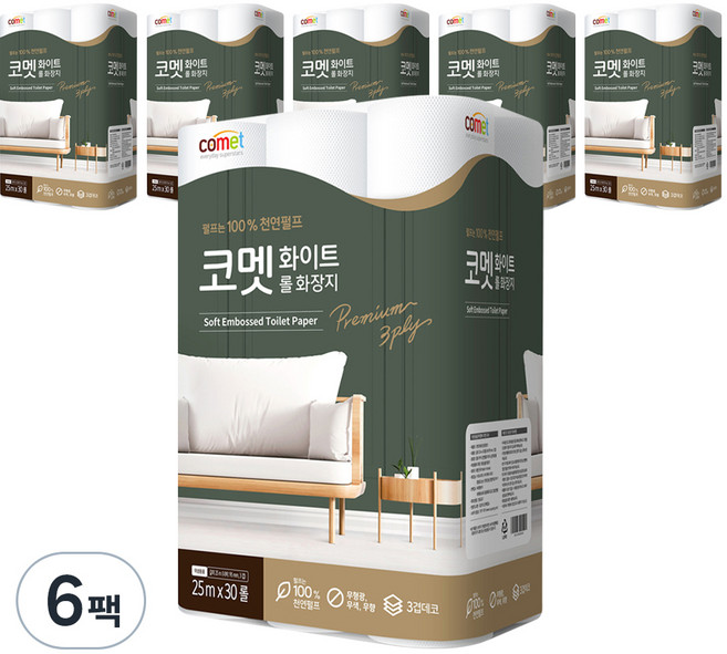 코멧 화이트 천연펄프 3겹 25m, 30개입, 6개