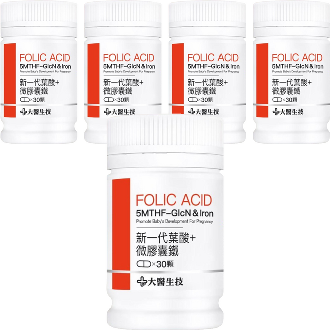 大醫生技 新一代葉酸+微膠囊鐵, 30顆, 5罐