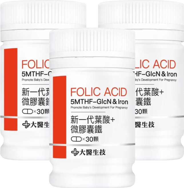 大醫生技 新一代葉酸+微膠囊鐵, 30顆, 3罐