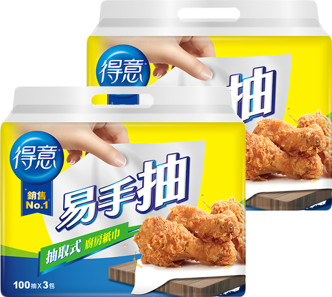 得意 抽取式廚房紙巾 易手抽 100抽, 3包, 2袋
