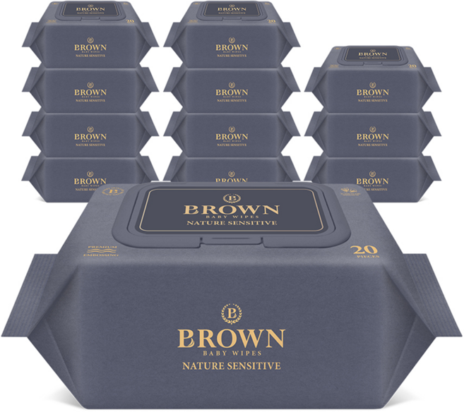 브라운 네이처 센시티브 도톰한 아기 물티슈 엠보싱 저자극 휴대캡형, 73g, 20매, 12개