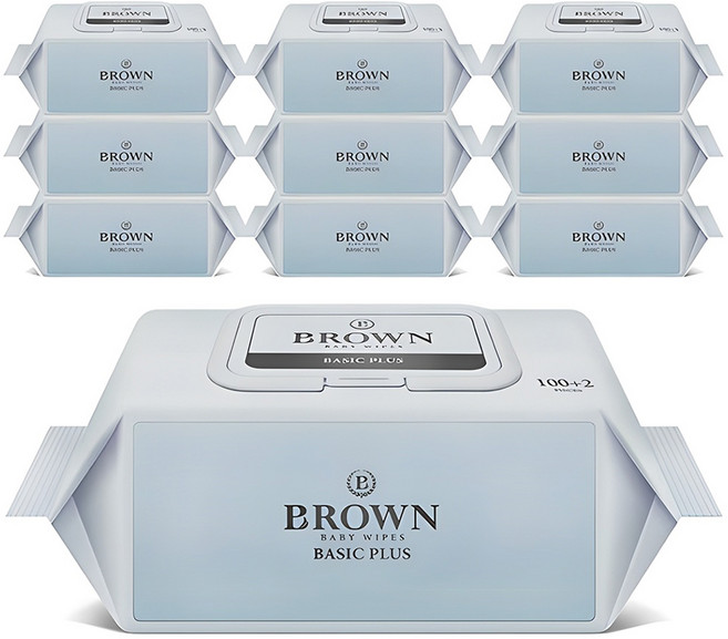 브라운 베이직 플러스 도톰한 아기 물티슈 저자극 대용량 캡형, 55g, 102매, 10개